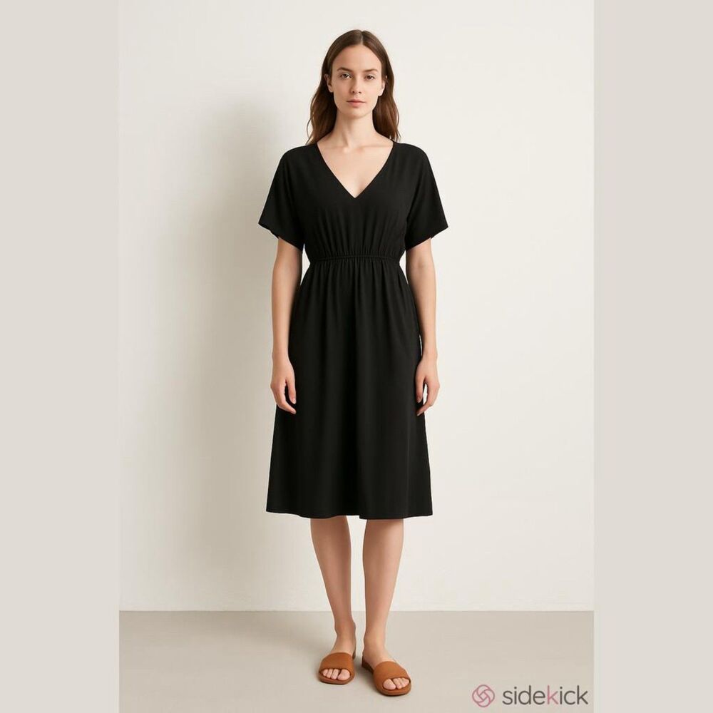 Soft Surroundings Black Midi Dress V-neck Button Up